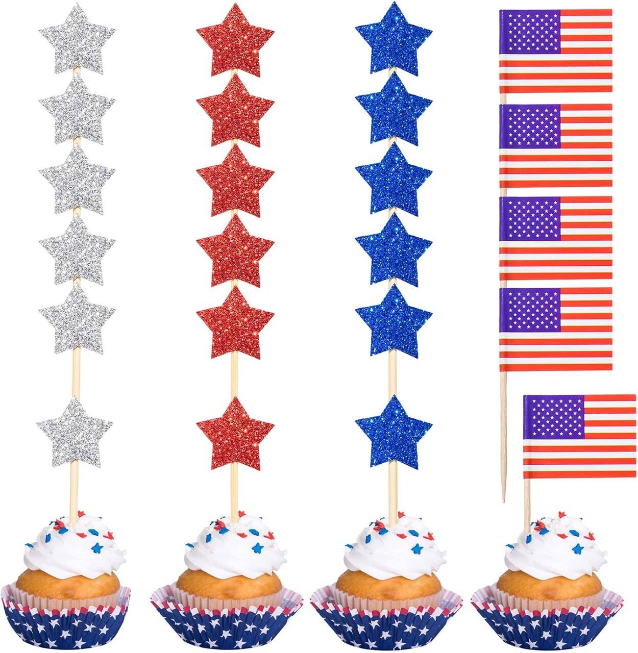 220 Pcs American Flag Patriotic Cupcake Toppers 4th of July Double Sides Glitter Star Cupcake Toppers Cake Toppers Picks Independence Day Cupcake Party Decorations Supplies Favors, Blue Red Silver